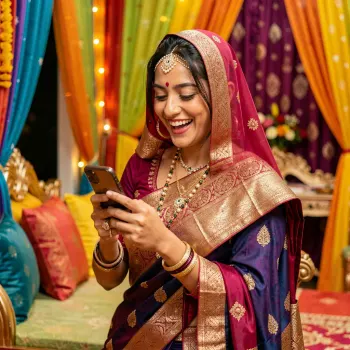 Illustration of a woman in festive clothing using a smartphone