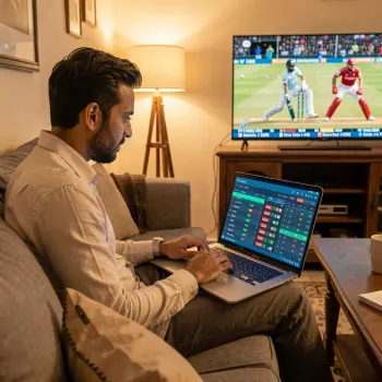 Illustration of a cricket viewer with a laptop and a match on television