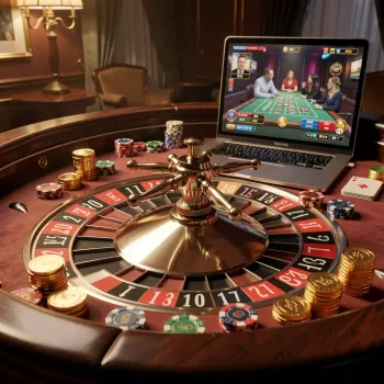 Illustration of a roulette wheel and chips beside a laptop showing a casino table