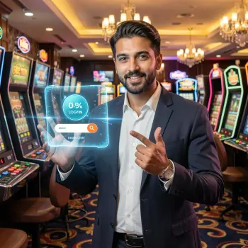 Illustration of a man pointing to a digital sign-in display in a casino