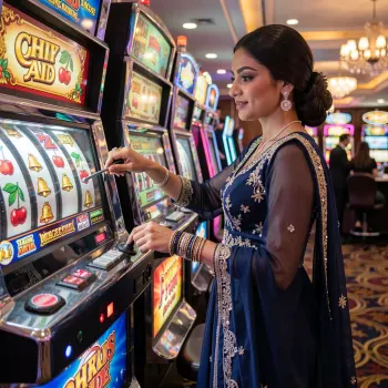 Illustration of a woman beside a slot machine with colourful reels